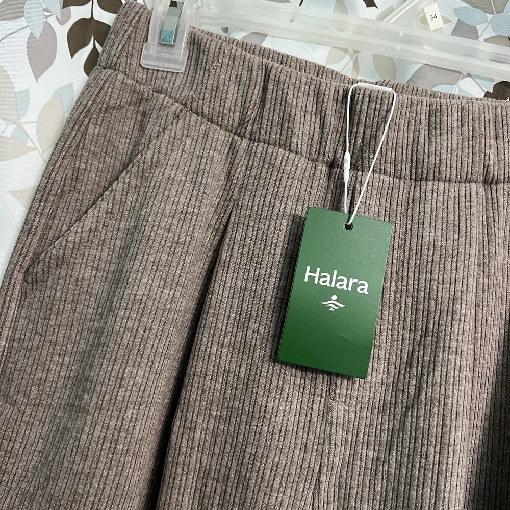 Halara Tan Ribbed Knit Wide Leg Two Pocket Pull On Casual Pants Sz XS Stretch
